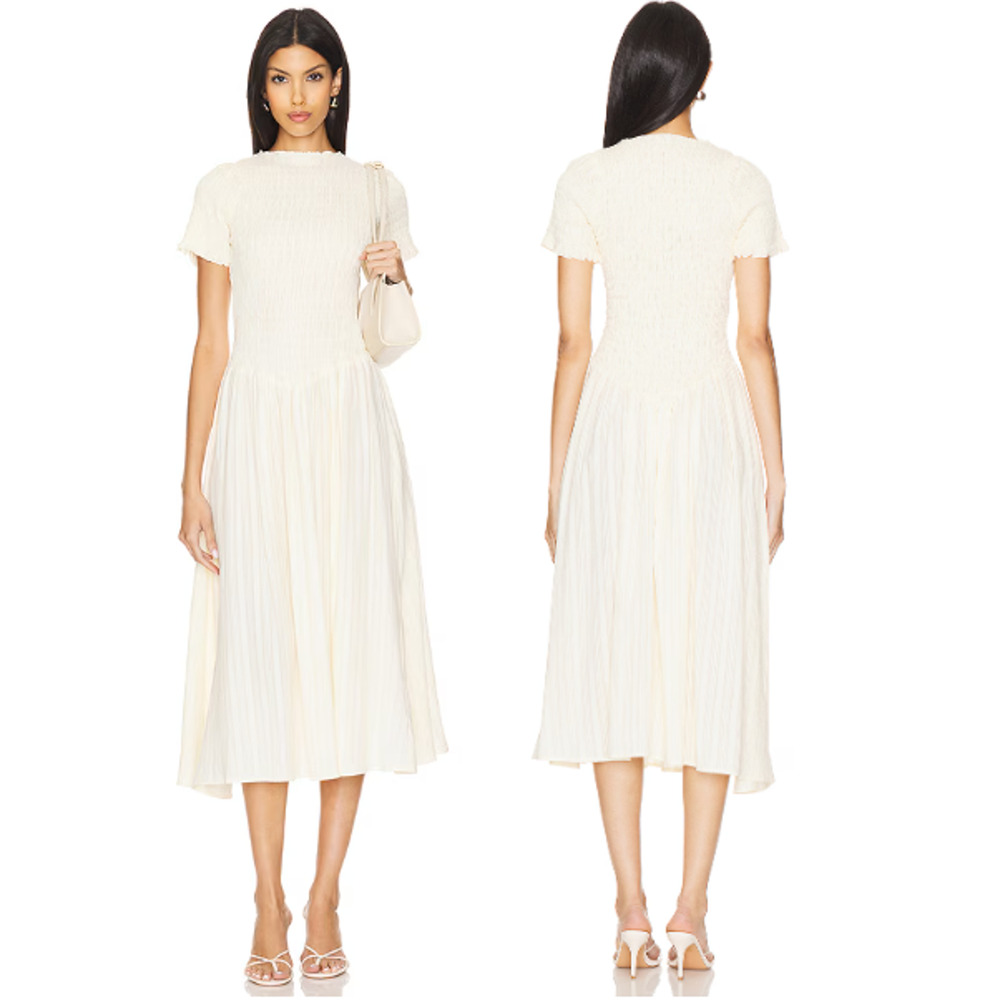 Apres Studio Marta Short Sleeve Smocked A-Line Midi Dress Butter Yellow Womens 4